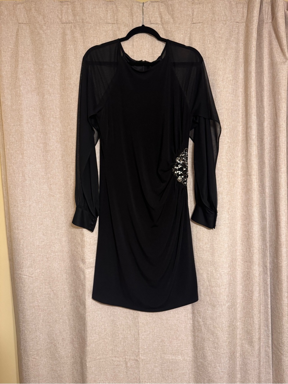 Black Long-Sleeve Cocktail Dress with Side Embellishment